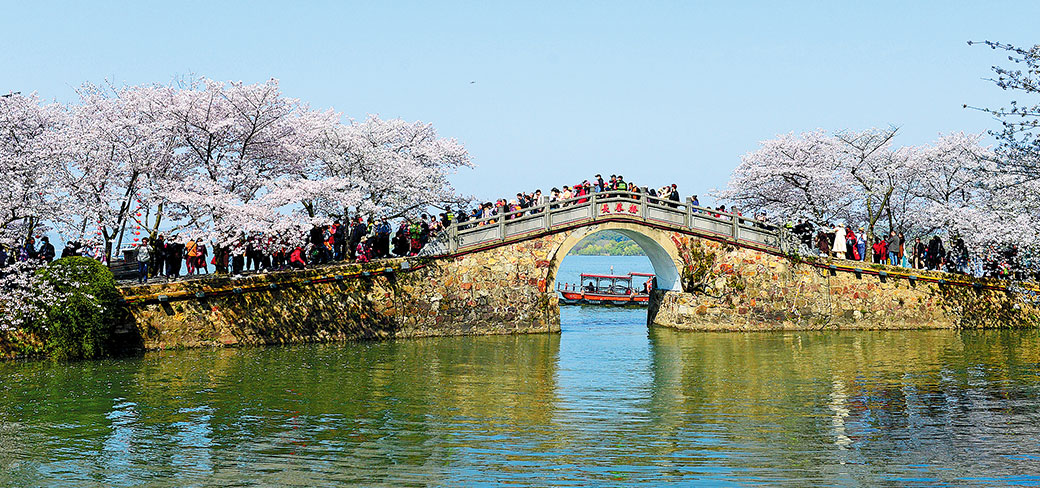 En mars, les cerisiers en fleur attirent les visiteurs autour du lac Taihu à Wuxi, dans le Jiangsu. HUAN YUELIANG / XINHUA