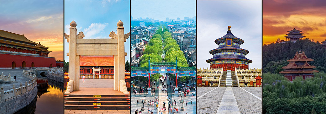 Les monuments historiques le long de l’Axe central comprennent, de gauche à droite, la Cité interdite, l’Autel de la Terre et du Grain, la rue Qianmen, le Temple du Ciel et la colline Jingshan. PHOTOS BY JIANG DONG / CHINA DAILY AND PROVIDED BY BEIJING MUNICIPAL OFFICE FOR CONSERVATION AND MANAGEMENT OF BEIJING CENTRAL AXIS
